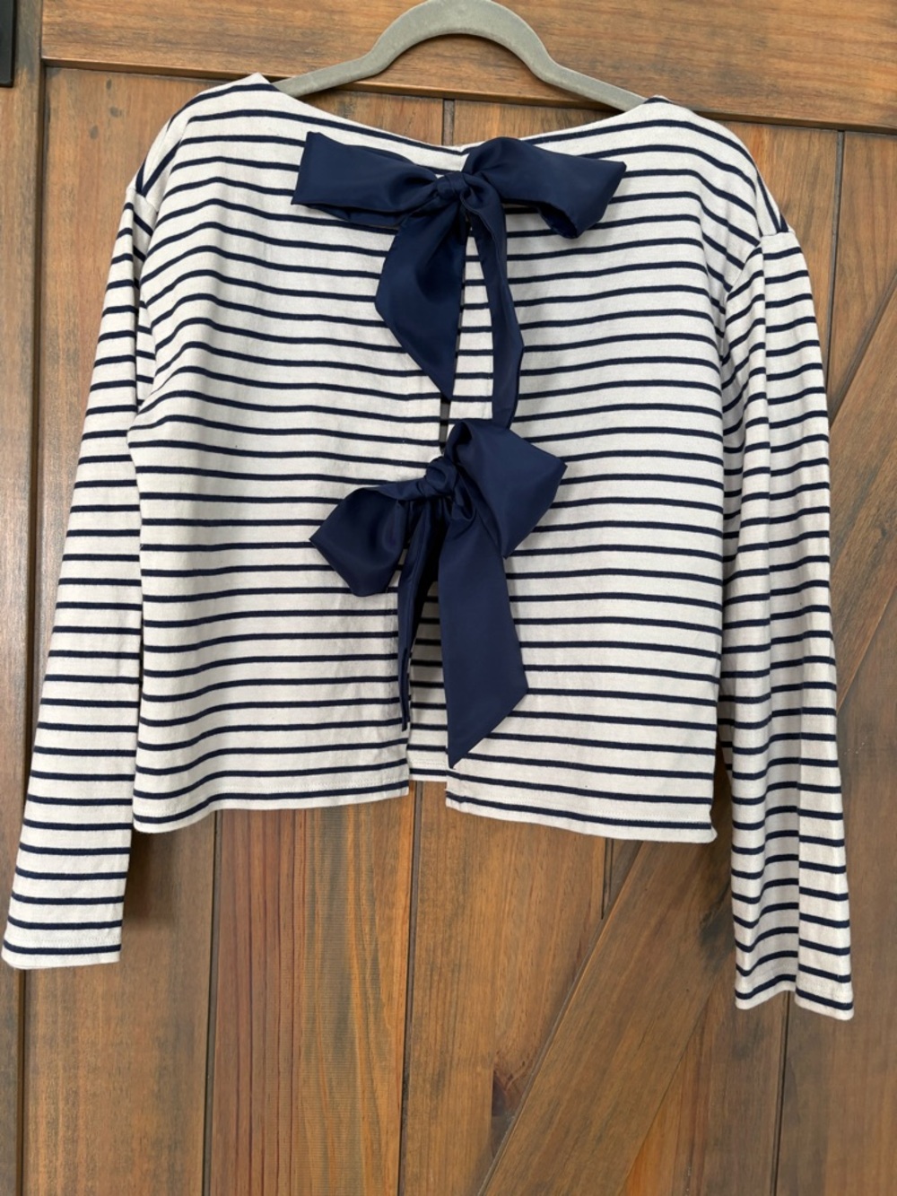 J. Crew Striped Bow-Back Long Sleeve Top - Navy & Cream